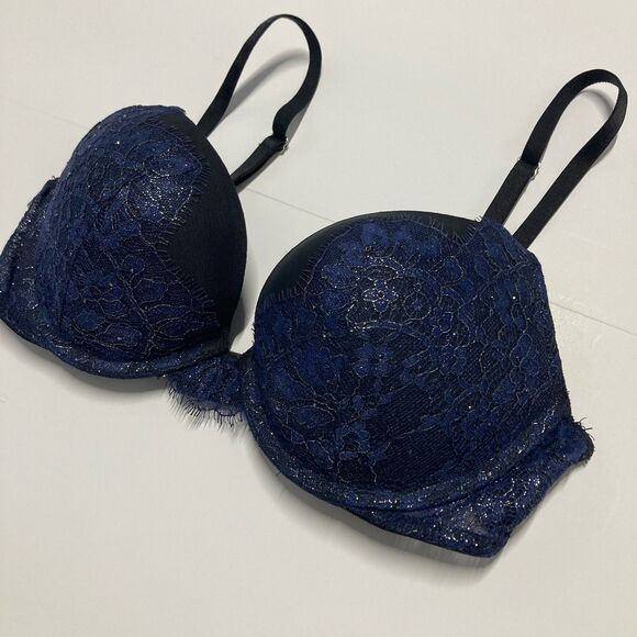 Victoria Secret Very Sexy Rhinestone Lace Navy Black Push-Up Bra 34C - Picture 1 of 7